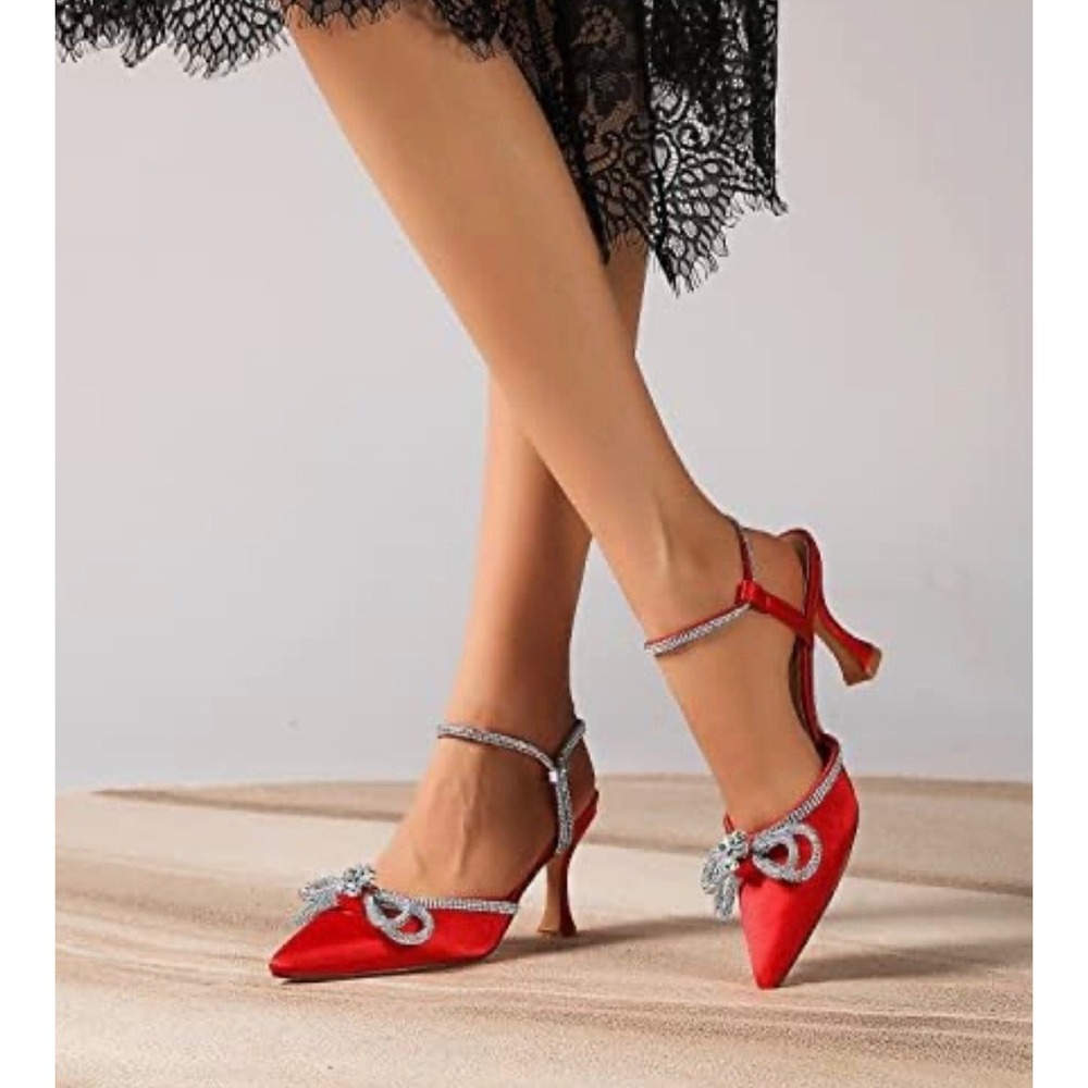 Susanny Red Stiletto Heel Sandals Women's Sz 7.5 Pointed Toe Bow Rhinestone - Picture 13 of 16